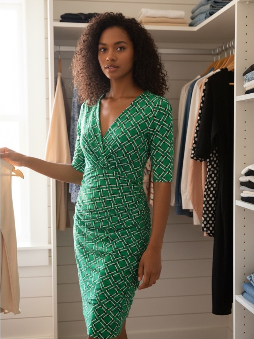 Ralph Lauren Green Patterned Wrap-Front Sheath Dress